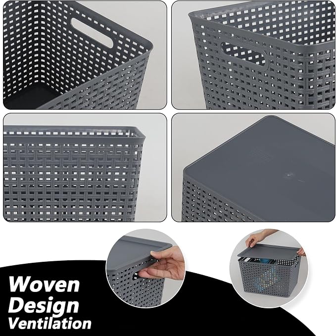 6 Pack Plastic Storage Bins with Lids, Stackable Storage Baskets with Handles, Large Organizer Bins for Desk, Shelves, Office, Plastic Container Bins for Pantry Organizers and Storage, Grey - Image 3