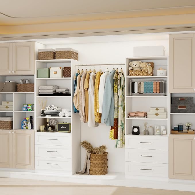 Closet System with 6 Drawers & 8 Shelves, Wood Closet Organizer System with 2 Extra Hanging Rod for Walk in Closet, Modular Closet Organizer System White(4FT) - Image 6