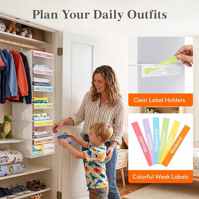 Lifewit 6 Shelf Weekly Clothes Storage Organizer for Kids, 2 Pack, Gray | Closet Storage with Color Labels for School Outfits, Daily Clothing Divider with Days of The Week Monday to Friday Weekend - Image 5