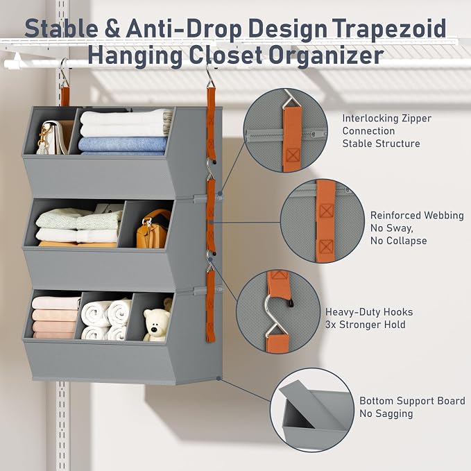 Hanging Closet Organizer Extra Large, Clothes Hanging Shelves for Closet with Divider, Collapsible Closet Storage System, Fabric Storage Bins for Home, Dorm, Rv, Sweaters, Handbags, Underwear, Sock - Image 4