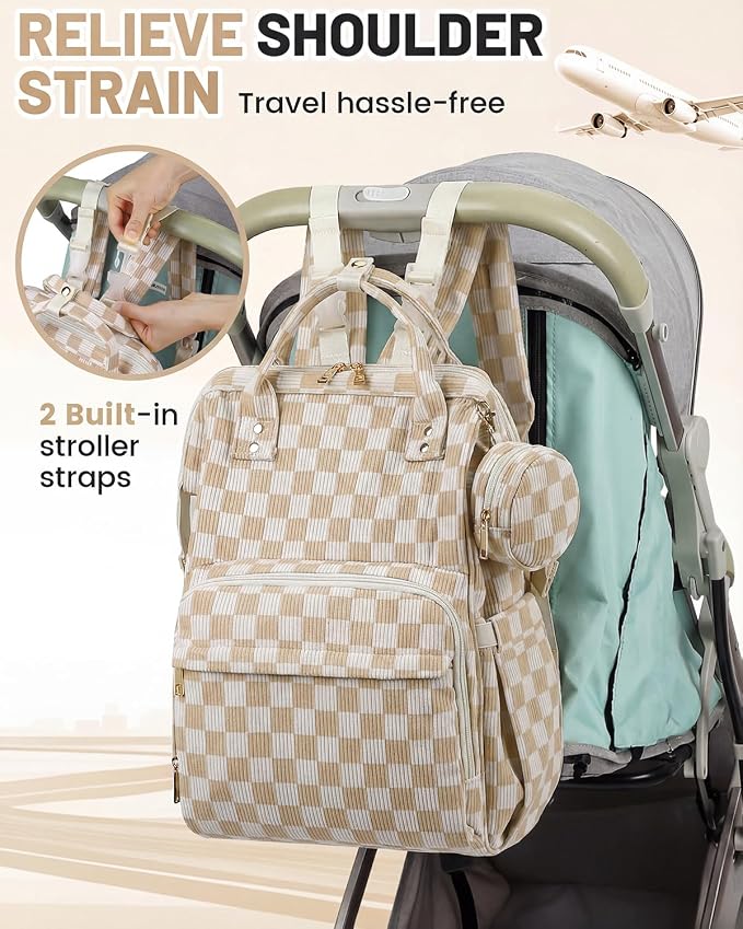 Corduroy Diaper Bag Backpack, Large Capacity Multifunction Baby Diaper Bags for Women, Insulated Bottle Pockets & Pacifier Case, Stylish Travel Nappy Changing Bags for Mom Dad (Checkered Brown) - Image 7
