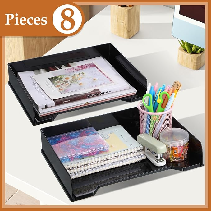 DoubleFill 8 Pcs Stackable Letter Tray Plastic Paper Tray, Black | 13 x 9.5 x 2.6 In, Rectangular, Paper Holder, File Tray for Desktop Office Desk Drawers - Image 2