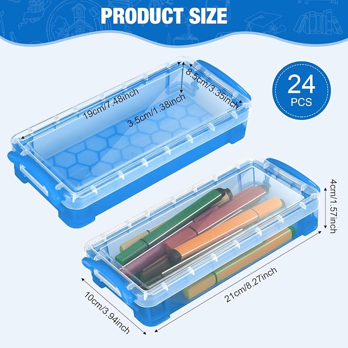 Gueevin 24 Pcs Large Capacity Plastic Pencil Box Clear Plastic Pencil Case Crayon Box with Snap Tight Lid Watercolor Pen Storage Brush Organizer Drawing Tools Container (Cute Blue) - Image 2