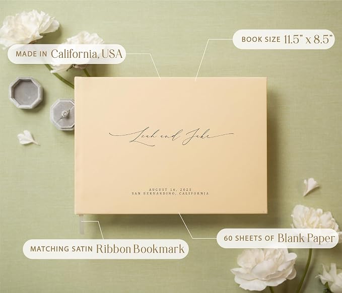 Personalized Guestbook in Butter - Premium Custom Modern Guest Book for Wedding Reception, Birthday Party or Events w/Bookmark Blank Pages for Signing 11.5 x 8.5 inches - Image 3