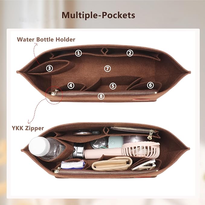 Purse Organizer Insert, Felt Bag Organizer with Base Shaper, Handbag Tote Dividers for Inside Purse Accessories, Insert for Neverfull PM, City 30 and More, Brown/M - Image 4