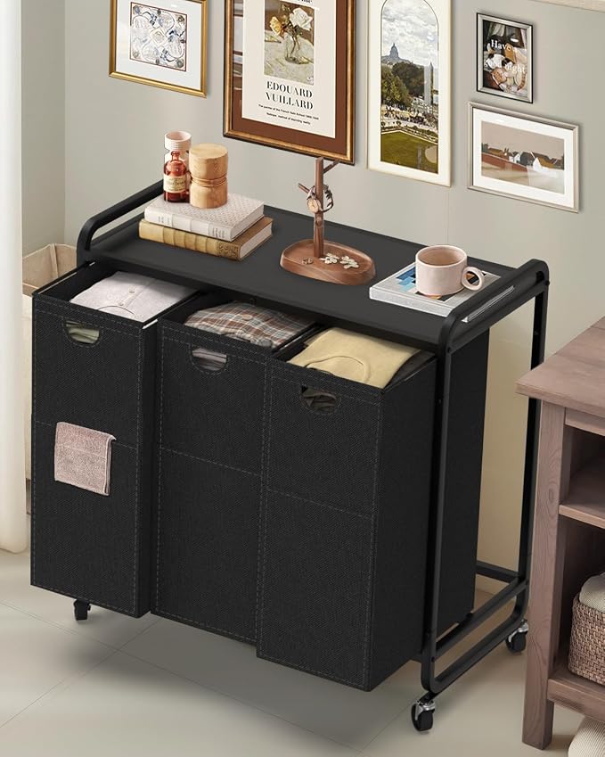 Laundry Sorter 3 Section,Laundry Basket with Wheels,3×15.8 Gal (60L) Black | Laundry Room Organization with Wooden Desktop Shelf,Pull-Out and Removable 900D Oxford Fabric Laundry Bags for Laundry Room by ELOWEN