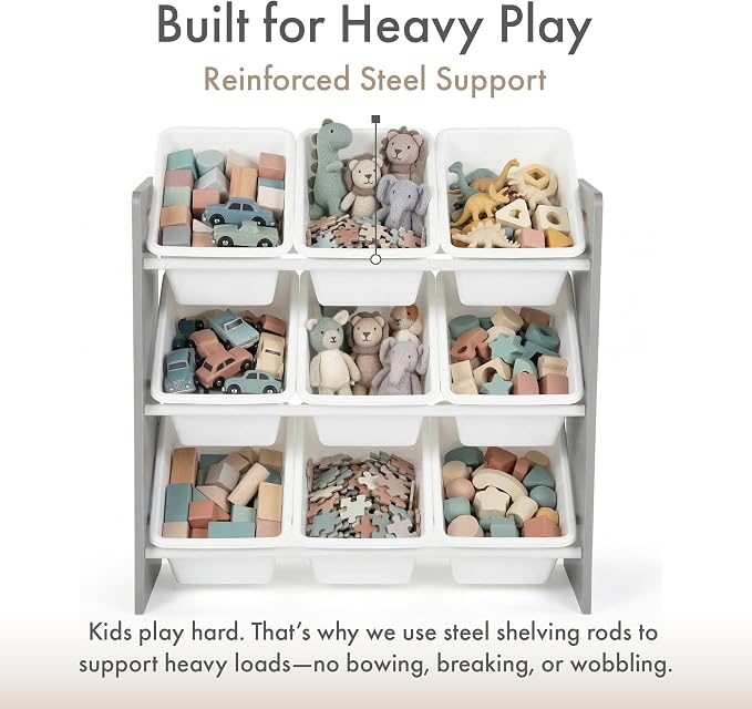 Humble Crew Kids Toy Organizer with 9 Bins, 3 Tier Storage for Playroom | Sturdy wood and steel toddler shelf, removable BPA-free containers, wall anchor anti-tip safety kit for bedroom or classroom - Image 6