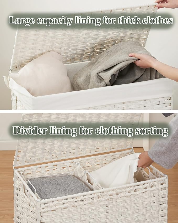 SETVSON Laundry Hamper with Lid Wicker Laundry Basket, White | Decorative Furniture Look for Bathroom & Bedroom, 3-Section Large Wicker Hamper, 3 Cloth Bags, 6 Mesh Bags Included - Image 3