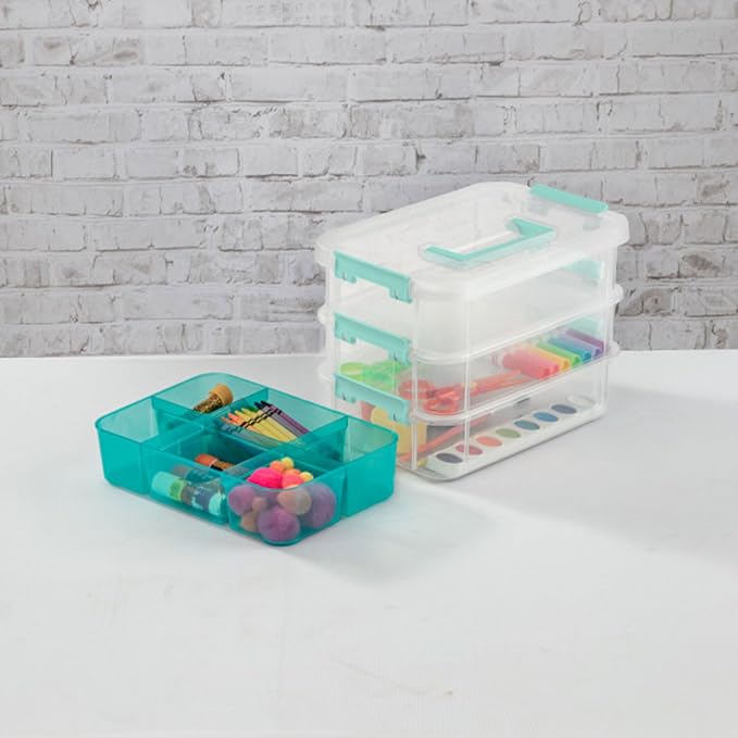 Sterilite 24 Pack Plastic Storage Box Container, 3 Layer, Stack and Carry, Clear/Blue - Image 7