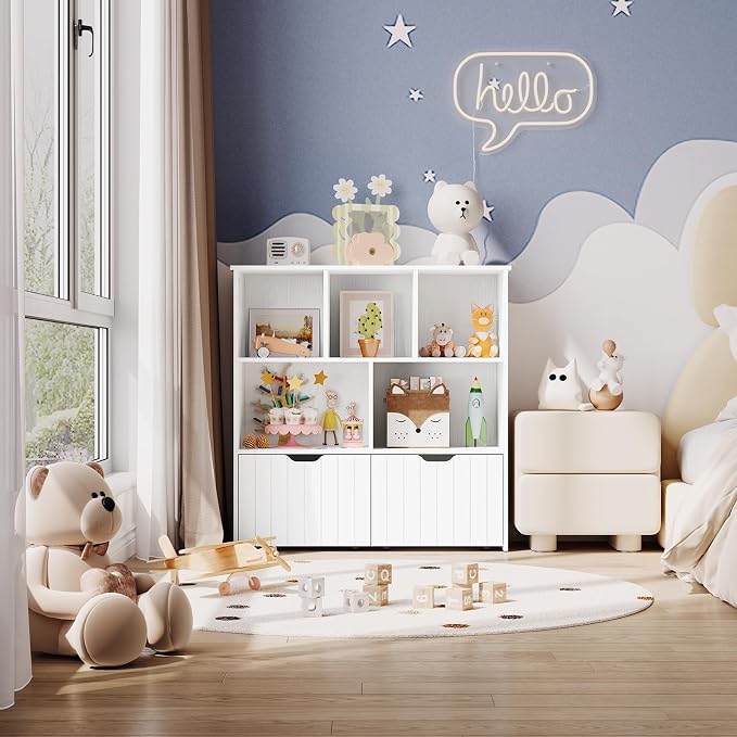 HOOBRO Toy Storage Organizer, Toy Organizers and Storage with 2 Movable Drawers and 5 Cubbies, Toy Chest Shelf for Books or Dolls, Kids Bookshelf and Toy Storage for Playroom, White WT88CW01 - Image 7
