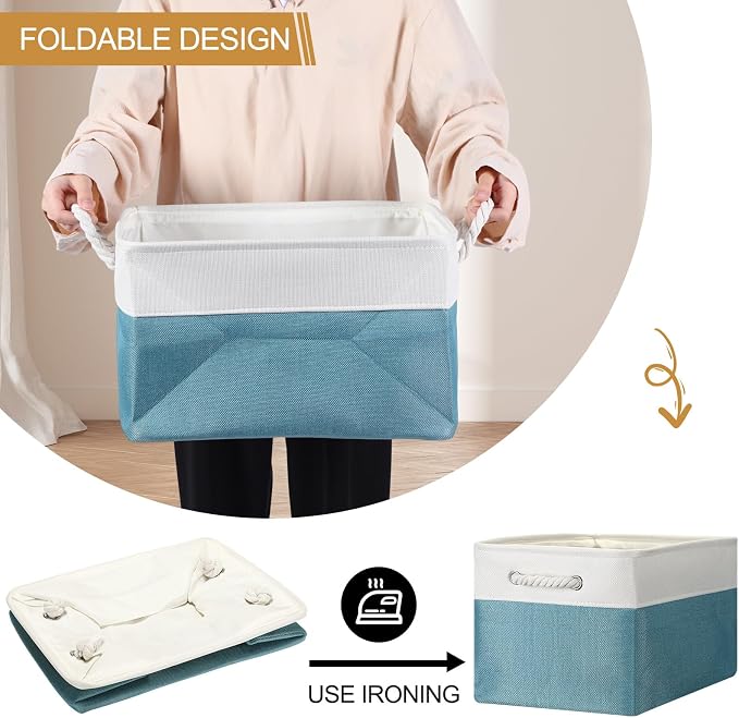 FoldTier 10 Pack Large Collapsible Fabric Storage Baskets with Handles Decorative Storage Bins for Organizing Shelves Toys Clothes(White & Blue,16 x 12 x 10 Inches) - Image 6