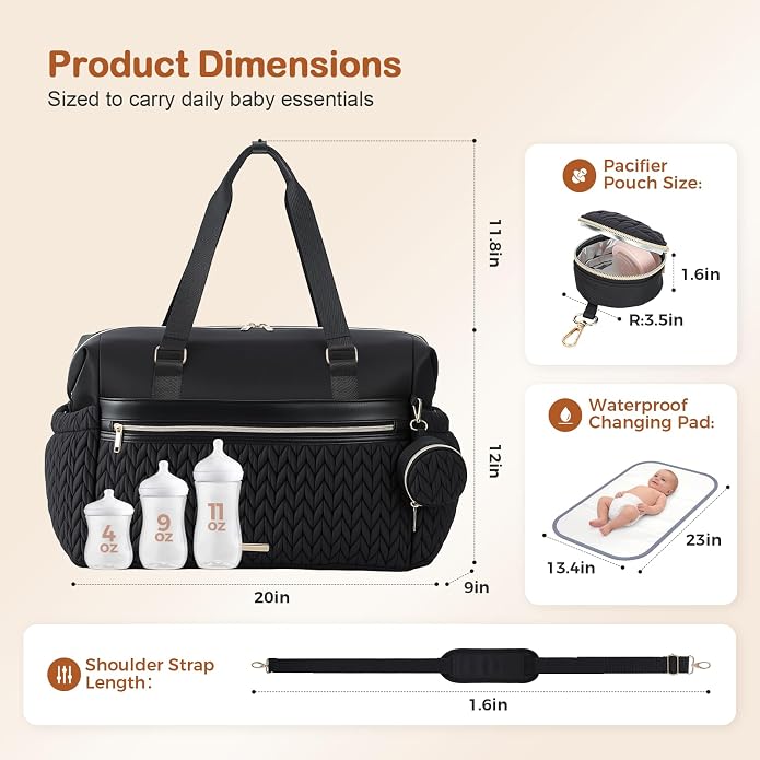 Lekesky Diaper Bag Tote, Large Diaper Bags Waterproof | Hospital Bag for Labor Delivery, Baby Bag with Pacifier Case, Travel Diaper Tote with Changing Pad, Black - Image 7