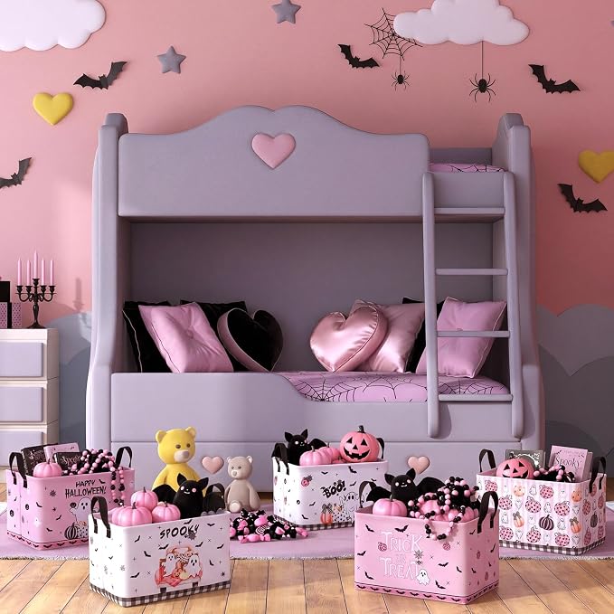 CHENGU 6 Pcs Halloween Storage Bin Collapsible Pink Ghost Basket for Gifts Spooky Pumpkin Decor Large Halloween Basket Farmhouse Foldable Bat Box with Handle for Nursery Bedroom Office Home Party - Image 6