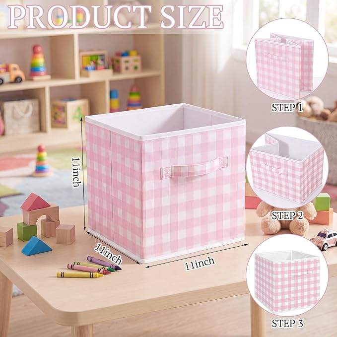 Yalikop 6 Pcs Pink Gingham Cube Storage Bins, 11 Inch Fabric Checkered Classroom Storage Bins Organizer with Handle Preppy Collapsible Cubby Basket for Classroom Home Nursery Playroom Bedroom - Image 2