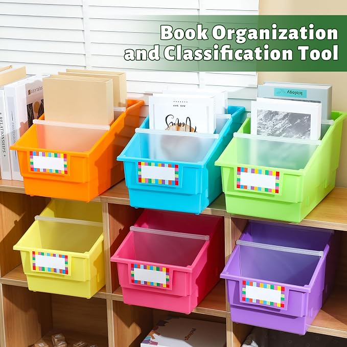 Lineshading 6 Pack Picture Book Organizer Bins with Dividers Large Plastic Book Holders with Labels Multi Purpose Classroom Organization Bins Storage Container (Multicolor,8.75" X 13.5" X 7.75") - Image 4