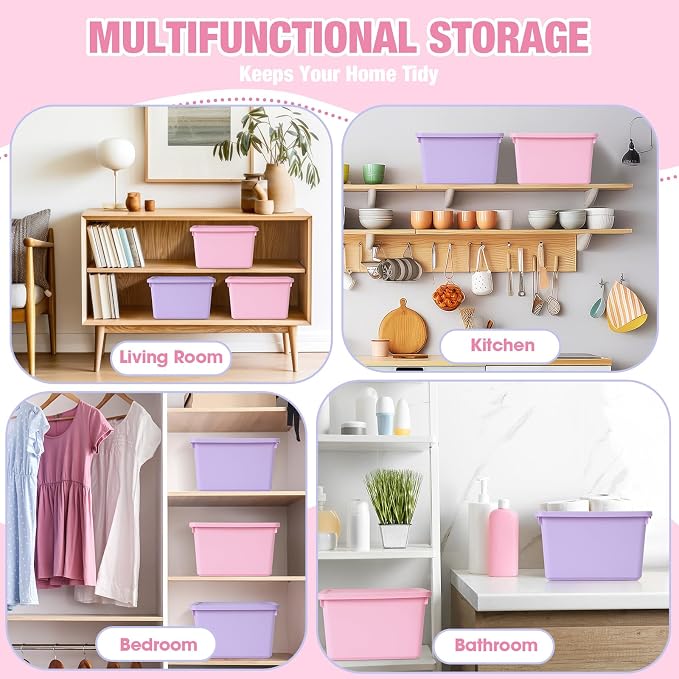 Potchen 6 Pack Small Stackable Storage Bins with Lids Plastic Storage Boxes for Classroom 9.8" ×7.3" ×5.7" Decorative Organizer Bins for Craft Art Office Teacher Supplies (Pink,Purple) - Image 6