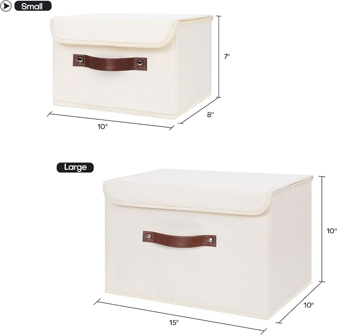 ANMINY Fabric Storage Box Bins with Lids, Beige, 10"x8"x7", 2 Pack | Keepsake Memory Storage, Cotton Linen, PP Board Reinforced, Washable, PU Handles, Foldable & Stackable, Decorative, Small - Image 5
