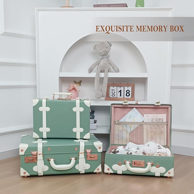 Unitravel Baby Keepsake Case, 16" Handmade Memory Storage Box, Newborn Keepsake Box, Vintage Suitcase for Baby Shower, Baptism, Naming Ceremony or Birthday (Mint Green) - Image 5