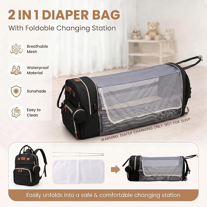 HAWILAND Diaper Bag Backpack for Mom Dad, Large Travel Baby Bag with Station, Lightweight Diaper Bag with Insulated Pockets & USB Changing Port, Black - Image 5