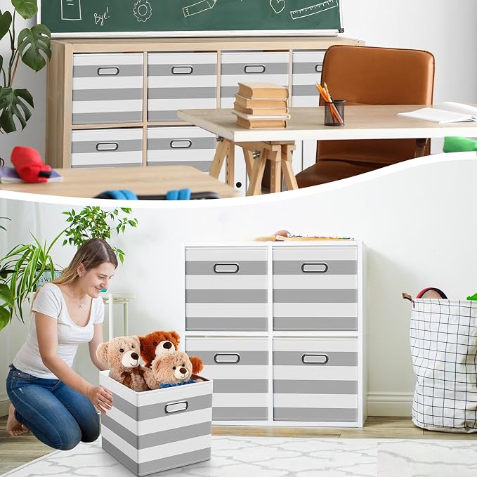 CroBlissful 11 Inch 6 Pack Fabric Storage Cubes with Metal Handles, Back to School Collapsible Organizer Bins for Classroom, Closet, Student Room, Toys and School Supplies (Grey and White) - Image 6