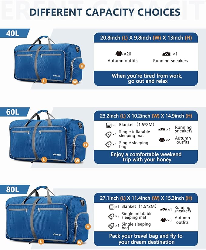Gonex 150L Foldable Travel Duffle Bag with Shoe Compartment, Lightweight | 210D Nylon, Water-Repellent, Folds Compact, Multiple Pockets, Luggage Sleeve, Family Travel & Camping, Deep Blue - Image 2