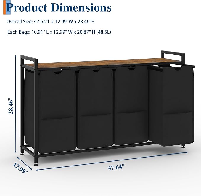Garvee 194L Laundry Hamper 4 Sections, Rustic Brown + Black | Laundry Basket with Shelf & 4 Removable Bags, Dirty Clothes Basket Organizer for Bathroom Bedroom Room Organization - Image 2