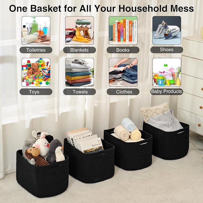 ICERZCZ Woven Cotton Rope Storage Baskets for Organizing & Shelves, Organization Bins for Dog Toys, Clothes, Books, Nursery Organizer, 15"x11"x9", Black (4 Packs) - Image 3
