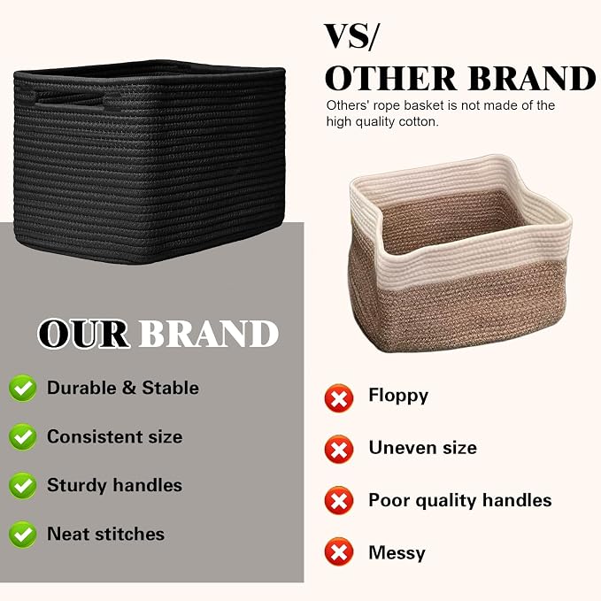Storage Baskets for Organizing, 4 Pack Baskets for Shelves, Decorative Storage Bins for Shelves, Cotton Rope Storage Basket with Handles, Woven Basket for Storage, 13''Lx8.7''Wx7.9''H, Black - Image 4