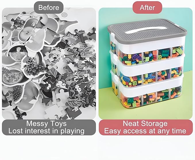 Toys Organizer Storage Case for Lego Box Kids Toy Stackable Building Blocks with Lids Bins Adjustable Lego Storage Containers Plastic Toy Box 3 Layer (Grey) - Image 5