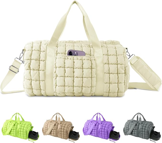 Quilted Travel Duffle Bag Gym Bag for Women,Large Puffer Duffle Weekender Bag with Compartment,Workout Overnight Carry on Organizer Bag Duffle Bag for Airplane Travel(L-Off-white) by XSUIOY