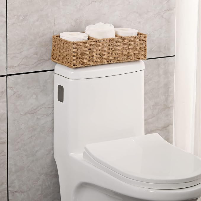 3-Section Wicker Baskets for Shelves, Hand-Woven Round Paper Rope Wicker Storage Basket, Toilet Paper Basket for Toilet Tank Top, Baskets for Organizing, 2-Pack - Image 3
