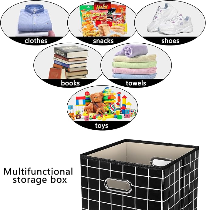 Yunkeeeper storage bins Cubes, Fabric Cube Organizer with Handle, Foldable Cube Bins for Cloth or Accessary Storage, 11x11x11, Set of 3,(Black grid) - Image 3