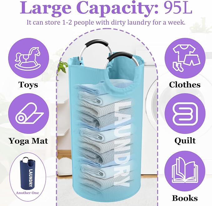 2Pcs 95L Large Clothes Hampers, Foldable Laundry Basket with Handles | IHOMAGIC Tall Laundry Bin, Water-Resistant Dirty Clothes Hamper, Portable Storage Basket for Family, Apartment,Blue+Navy Blue - Image 2