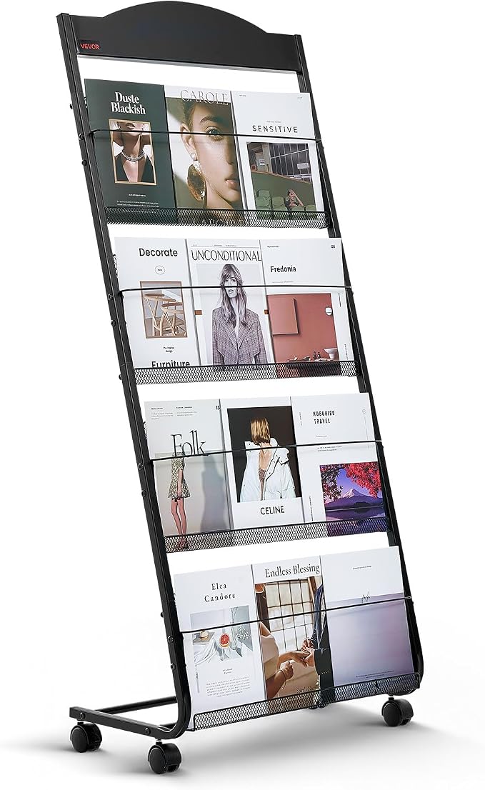 VEVOR Brochure Display Rack, 4-Tier Magazine Literature Display Stand with Wheels, Movable Floor Standing Magazine Rack, Heavy Duty Newspaper Catalog Holders for Shop Exhibitions Office Craft Fairs by VEVOR