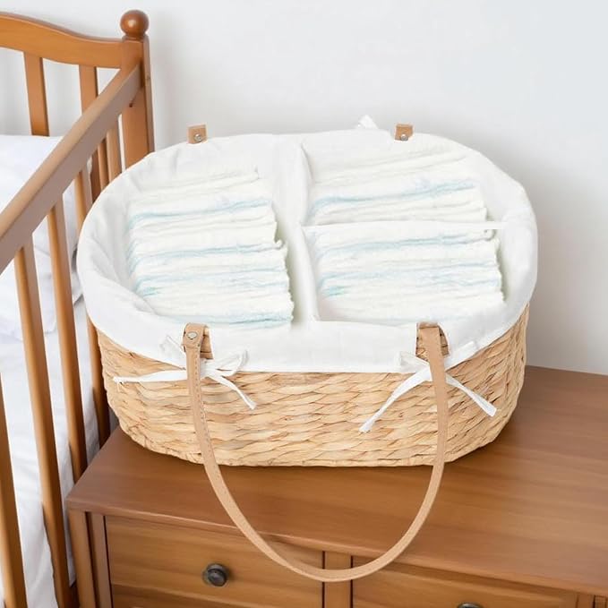 Water Hyacinth Diaper Caddy,Woven Baby Organizer for Nursery | Wicker diaper caddy with PU Handles& Detachable Lining for Newborn Bath, clothes,Cute Registry Must Have for Baby Gifts - Image 2