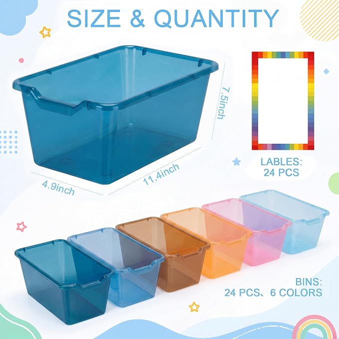 Funrous 24 Pack Plastic Cubby Bins for Classroom, Stackable Storage Bins with Rainbow Labels and Handles Cubby Organizer Containers for Teacher Supplies Home Office Daycare and Playroom (Blue) - Image 2