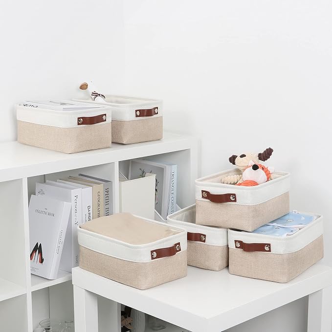DULLEMELO Small Storage Bins, Storage Baskets for Organizing, Collapsible Rectangular Fabric Baskets for Shelves, Closets, Nursery, Home, Office, Empty Gift Baskets (6-Pack, White&Khaki) - Image 6