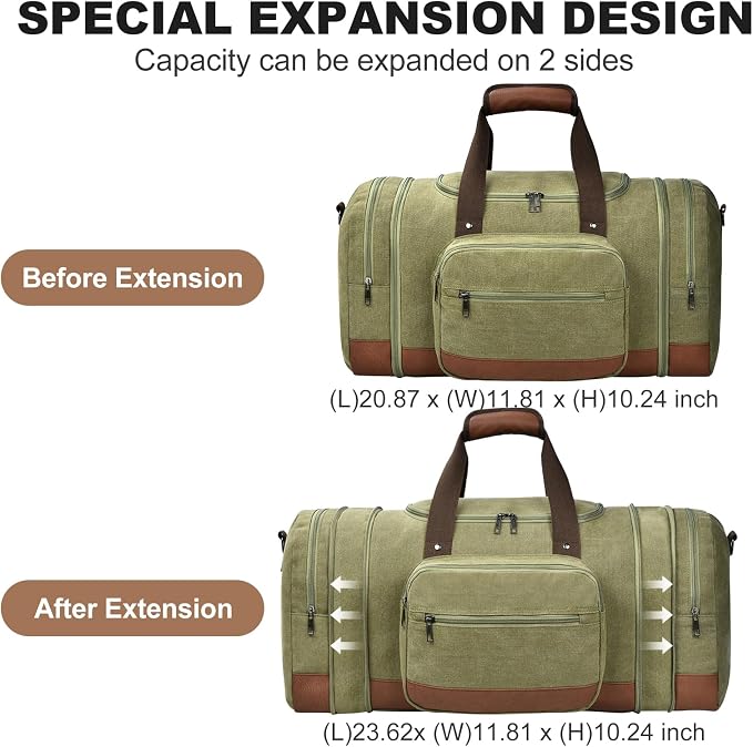 Litvyak 50L Canvas Duffle Bag for Travel Weekender Gym Overnight Carry-on | Expandable, Eco Certified, Leather Accents, Toiletry Bag Inclued, Travel Weekend Luggage Sports Duffel Bag for Women Men - Image 3