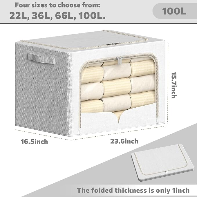 FHSQX 3 Pack Clothes Storage Bins with Metal Frame | Cream White, 23.6x16.5x15.7inch,Foldable, Stackable Linen Fabric, Carrying Handles, Clear Window - Image 2