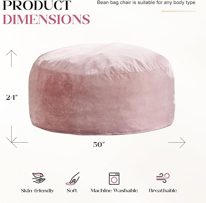 Hobestluk Bean Bag Chair for Adult Giant Beanbag with Filler Pink 5FT | Breathable Material Removable Machine Washable Cover Memory Foam Living Room Bedroom Reading Gaming Oversized Large Big - Image 2