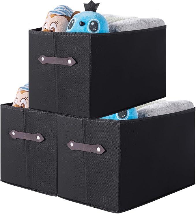 3 Pack Large Collapsible Storage Baskets for Shelves,14.9"x9.5" Fabric Closet storage Boxes with Leather Handles,Decorative Organizers Storage Bins for Clothes,Sheets,Toys,Books,(Black) by Yunkeeper