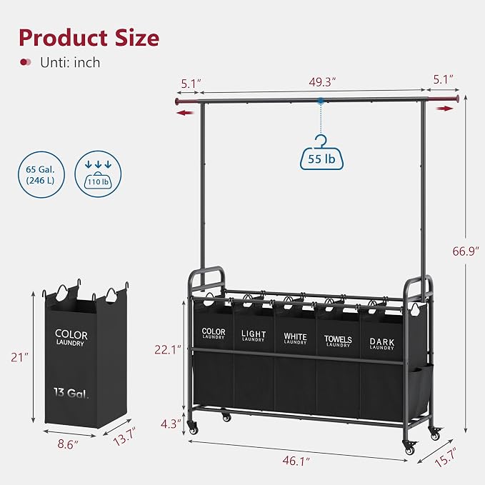 Laundry Sorter with Hanging Rack, 5 Section Laundry Sorter, Black | 246L Laundry Hamper with Removable Bag and Extended Side Bars, Rolling Laundry Sorter Cart for Bedroom, Laundry Room - Image 7