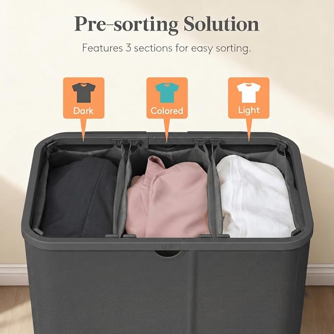 Lifewit 165L 3 Section Laundry Hamper with Lid, Laundry Basket, Dark Gray | Large Foldable Laundry Sorter with 3 Removable Bags, Tall Clothes Hamper for Bedroom and Bathroom - Image 3