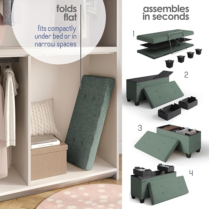 Storage Ottoman Bench with Bins, 30-in Storage Bench for Bedroom End of Bed, Folding Foot Rest Ottoman for Living Room Max 660lbs, Fabric Ottomans, Green - Image 6