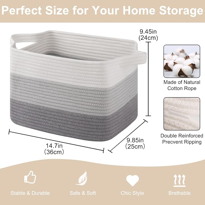 OIASKET Storage Baskets for Organizing, Woven Baskets for Shelves, Rectangle Decorative Organizer for Storage Clothes, Toy, Books, Towels Nursery Bins 3 Pack (Gradient Grey, 14.17"x9.85"x9.45") - Image 2