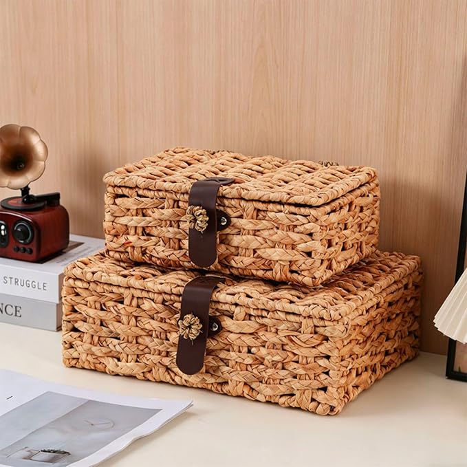 Water Hyacinth Wicker Storage Box with Lid （Large） | Hand woven decorative storage basket for shelf coffee table console home decor - Image 3