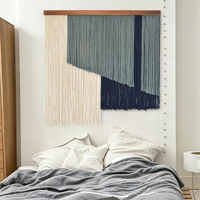 Jakalin Macrame Wall Hanging Boho Yarn Tassel Blue Modern Decor 39"x39" | Hand-dyed navy ombre, Wood dowel, Fringe tassels, Wall decor for living room, bedroom, apartment，Handmade yarn fiber deocr - Image 2