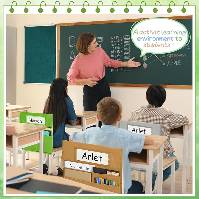 gisgfim 12 Pcs Chair Pockets for Classroom 16.7 x 19.3 Inch s with Name Tag Chairback 3 Pockets Chairs Seat Back Organizer for Elementary School Daycare Home Supply (Greenery) - Image 7