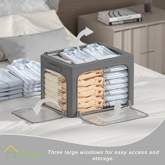 3 Openings Clothes Storage Bins Box - 3Pack Stackable Foldable Storage Bin - Metal Frame Storage Box Clothing Storage Organizer with Clear Window, Carry Handles (Drak Grey, 100L-23.6x16.5x15.7in) - Image 2