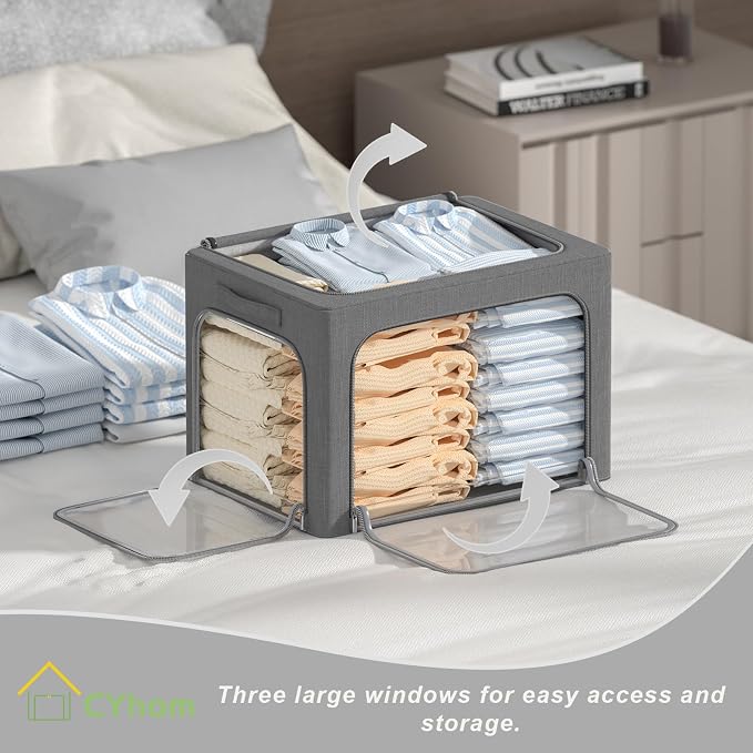 CYhom 3 Openings Clothes Storage Bins Box - 3Pack Stackable Foldable Storage Bin - Metal Frame Storage Box Clothing Storage Organizer with Clear Window, Carry Handles (66L-19.7x15.7x13in, Drak Grey) - Image 2
